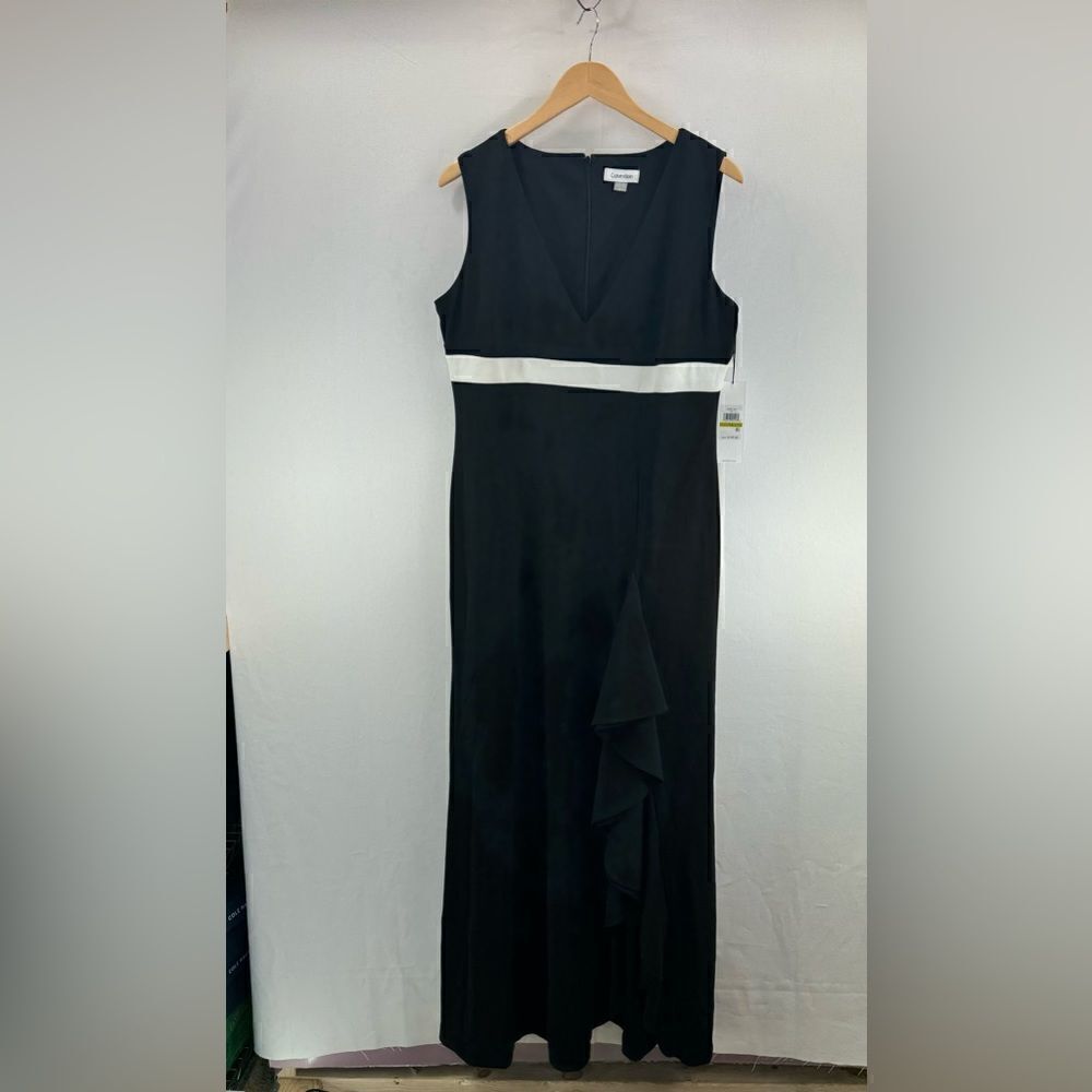 Calvin Klein Sleeveless V-Neck Maxi Ruffle Dress- Black/White- Size 14- NWT - Picture 2 of 15